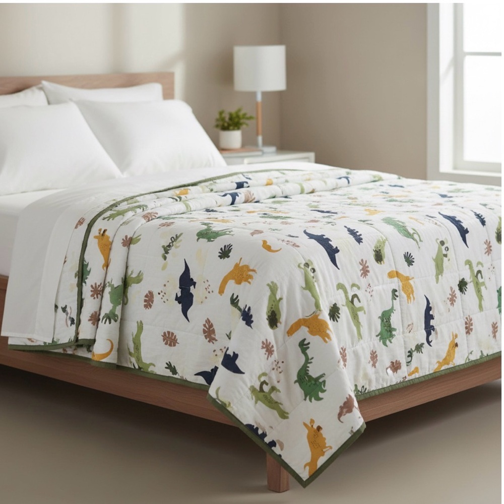 Pillowfort Dinosaur and Leaf Print Quilt - White, Green, and Blue - Picture 2 of 7